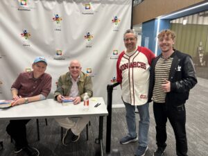Daniel and I with Michael Schur and Joe Posnanski
